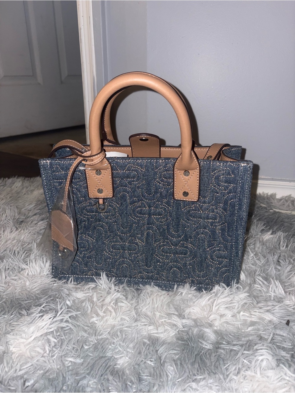 True Religion Denim Tote with Tan Leather Handles NEW